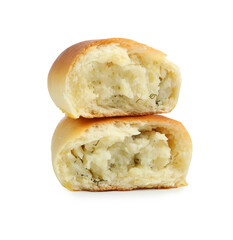 Halves of tasty baked patty isolated on white