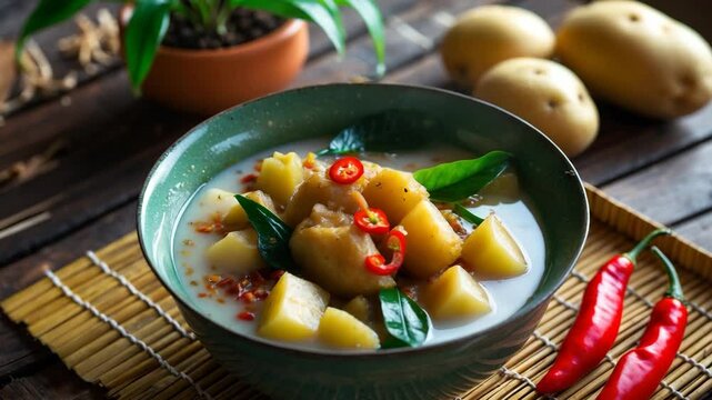 Coconut soup, an Indonesian specialty, includes diced chayote, adzuki beans, chicken feet, coconut milk, and spices. It serves as comfort food for households.