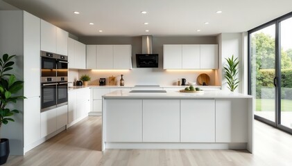 Fototapeta premium Modern kitchen with integrated appliances, white cabinets, and large island in a open-plan layout, minimalist countertops, industrial chic