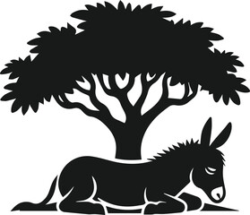 Vector silhouette of a donkey with forest tree