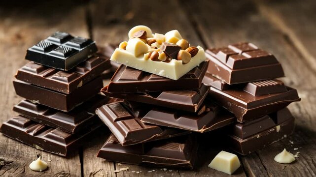 Pieces of black, milk, and white chocolate on a wooden surface