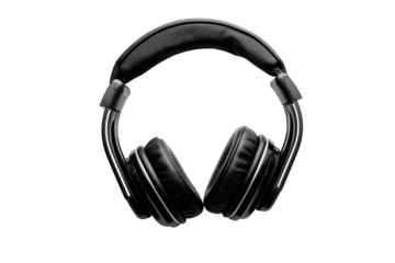 Classic black headphones resting on a smooth white surface ready for an immersive music experience isolated on transparent background