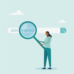 Character using magnifying glass to discover website. Researching 2025 trends, vision of new business or career opportunity. Vector illustration.	
