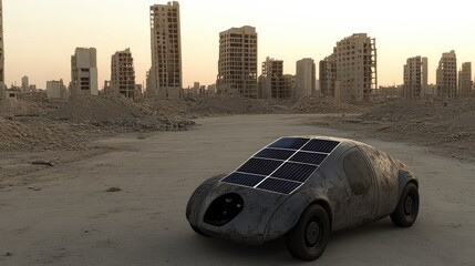 Solar-powered vehicle in a post-apocalyptic cityscape.