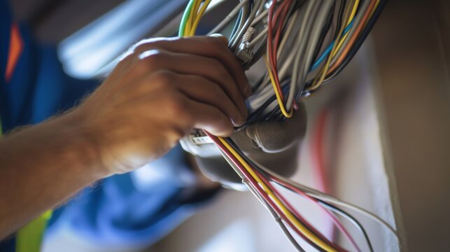 Technician installing electrical wiring in new construction. Featuring expertise and technical skill