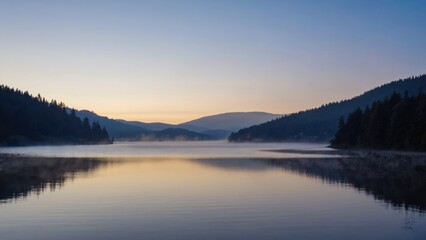 Fototapeta premium Peaceful lake at sunset with mountain and trees in distance.