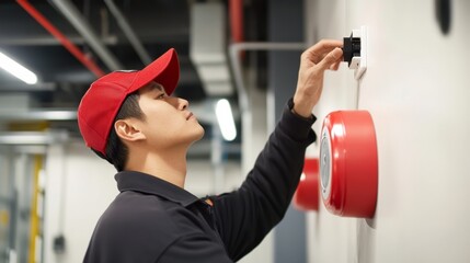 Technician installing fire alarm systems in a commercial building. Featuring safety and technical expertise