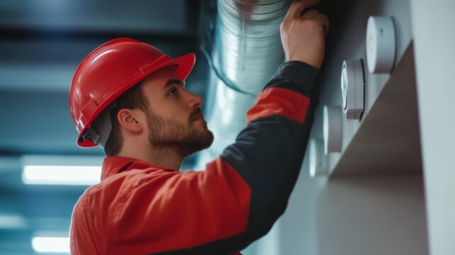 Technician installing fire alarm systems in a commercial building. Featuring safety and technical expertise