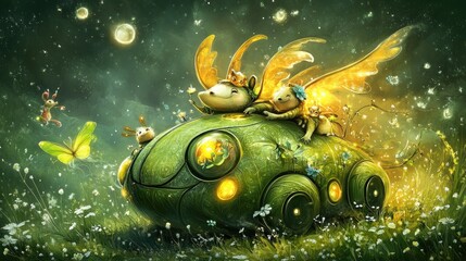 Two whimsical creatures enjoy a night-time journey in a magical vehicle.