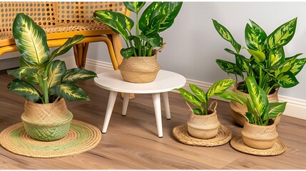 Arrangement of houseplants with vibrant leaves, placed in woven baskets