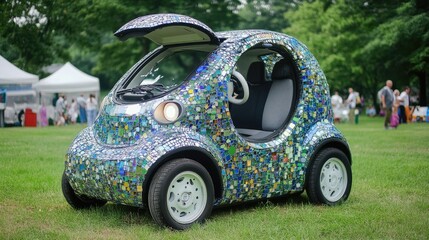 Colorful mosaic-covered microcar parked in a grassy park.