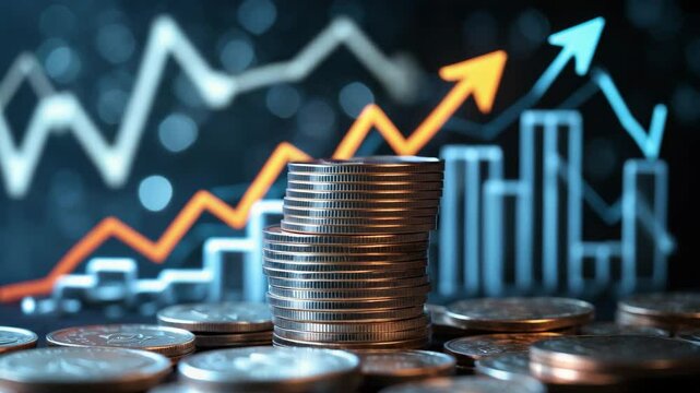 Investment and business finance idea, capital gain driving economic growth. Financial charts with coin stacks, market analysis on cash currency concept.