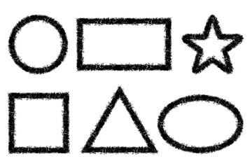 Monochrome set of six basic geometric shapes (circle, rectangle, star, square, triangle, oval) with a rough, grunge outline. Represents abstract design elements, textures, or distressed icons.