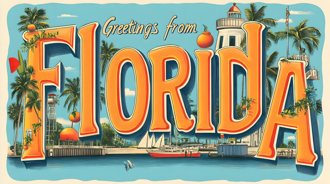 Vintage florida postcard: iconic landmarks, palm trees, and coastal vibes