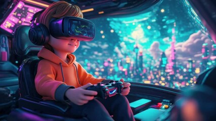 Young Boy Enjoys Futuristic VR Gaming Experience in Simulator Chair with Headset and Controller, Exploring Virtual City