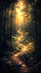 Obraz premium Winding Forest Path Mobile Wallpaper Sunlight Filtering Through Tall Trees Serene Atmosphere | Vertical HD Background