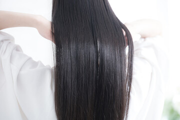 Fototapeta premium 艶のあるロングヘアの黒髪の女性の後ろ姿の顔無し キューティクルな美しいストレートヘアの髪の毛 ヘアケアなどのイメージ 