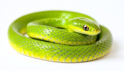 Bright green snake coiled on white background, detailed scales visible, vibrant color, studio shot.