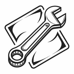 Wrench Tool Emblem With Decorative Background In Black And White Style