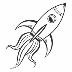 Hand Drawn Rocket Ship Flying With Fire Isolated On White Background