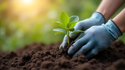 Planting New Life: Hands gently placing a young plant in soil. Symbol of growth, renewal, and environmental care. Sustainable future.