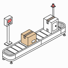 Isometric Illustration Of Boxes On Conveyor Belt With Scale And Indicator Light