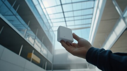 Technician testing air quality sensors during building installation. Featuring technology and monitoring