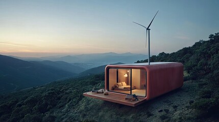 Rustic, modern tiny cabin perched atop a mountain.