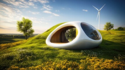 Futuristic, biomorphic dwelling nestled in a grassy hillside.