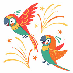 Cheerful Cartoon Parrots With Festive Stars On White Background Illustration
