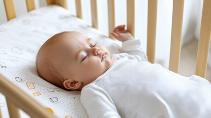 Children aware safety. A peaceful baby sleeping in a wooden crib with a soft mattress.