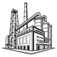 Industrial Plant Building Factory With Chimney And Cooling Tower Black And White Style