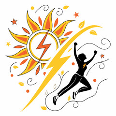 Empowered Woman Silhouette With Lightning And Sun Graphic Illustration On White