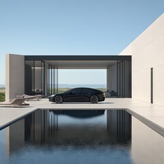 Modern electric car parked near a luxury pool house.