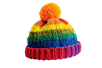 Colorful knitted rainbow hat with vibrant pom-pom displayed on a white background isolated on transparent background