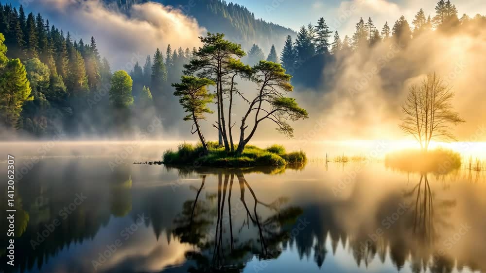 Poster sunrise mist over a serene lake island with pine trees and forest reflection