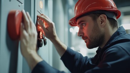 Technician testing the fire alarm system at a building site. Featuring safety and thoroughness