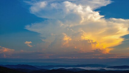 A beautiful and dramatic scene of a sunset with clouds, fog, and mountains in the background.