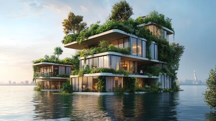Obraz premium Eco-Friendly Floating House with Green Roofs