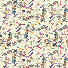 Stylized floral pattern in muted shades of brown, gray, teal, purple, with hints of red and yellow on a light beige background. Adds a touch of modern vintage elegance to any project