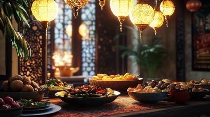 Oriental buffet catering food display with lanterns and bowls of snacks and appetizers for party or event