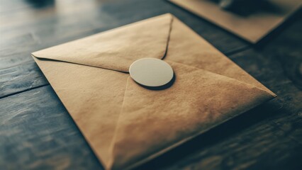 Elegant Brown Envelope with Wax Seal on Rustic Wooden Surface