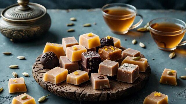 Bowl containing delicious halva pieces on a textured backdrop