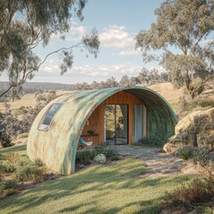 Rustic, curved cabin nestled in a scenic countryside landscape.