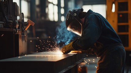 Welder preparing metal components at a construction area. Featuring craftsmanship and focus