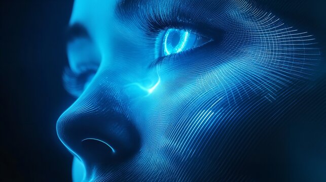 Futuristic ai face digital art technology concept artificial intelligence neon blue light design 3d render