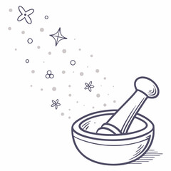 Hand Drawn Mortar And Pestle With Magical Elements Illustration