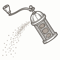 Hand Drawn Illustration Of A Manual Pepper Grinder With Falling Spice