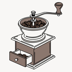 Illustration Of A Manual Coffee Grinder Filled With Coffee Beans Ready To Grind