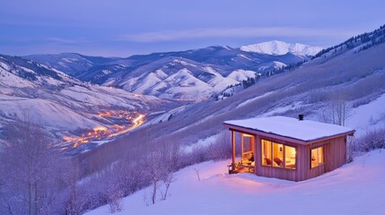 Snowy mountain cabin nestled in a winter wonderland.
